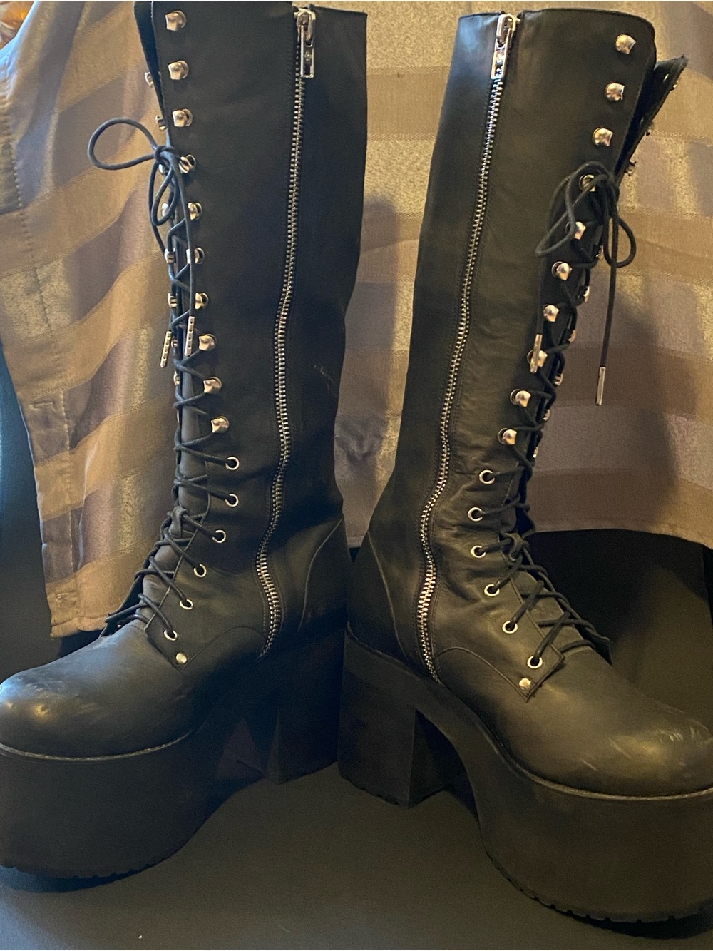 Goth Black Platform Lace-Up Knee-High Boots - Women's 11